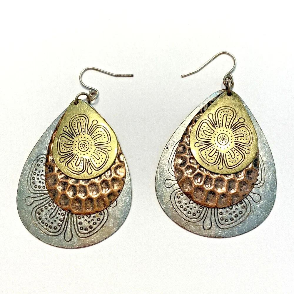 Boho Pierced Earrings Huge Embossed Teardrops Gold Silver Copper Festival Chic